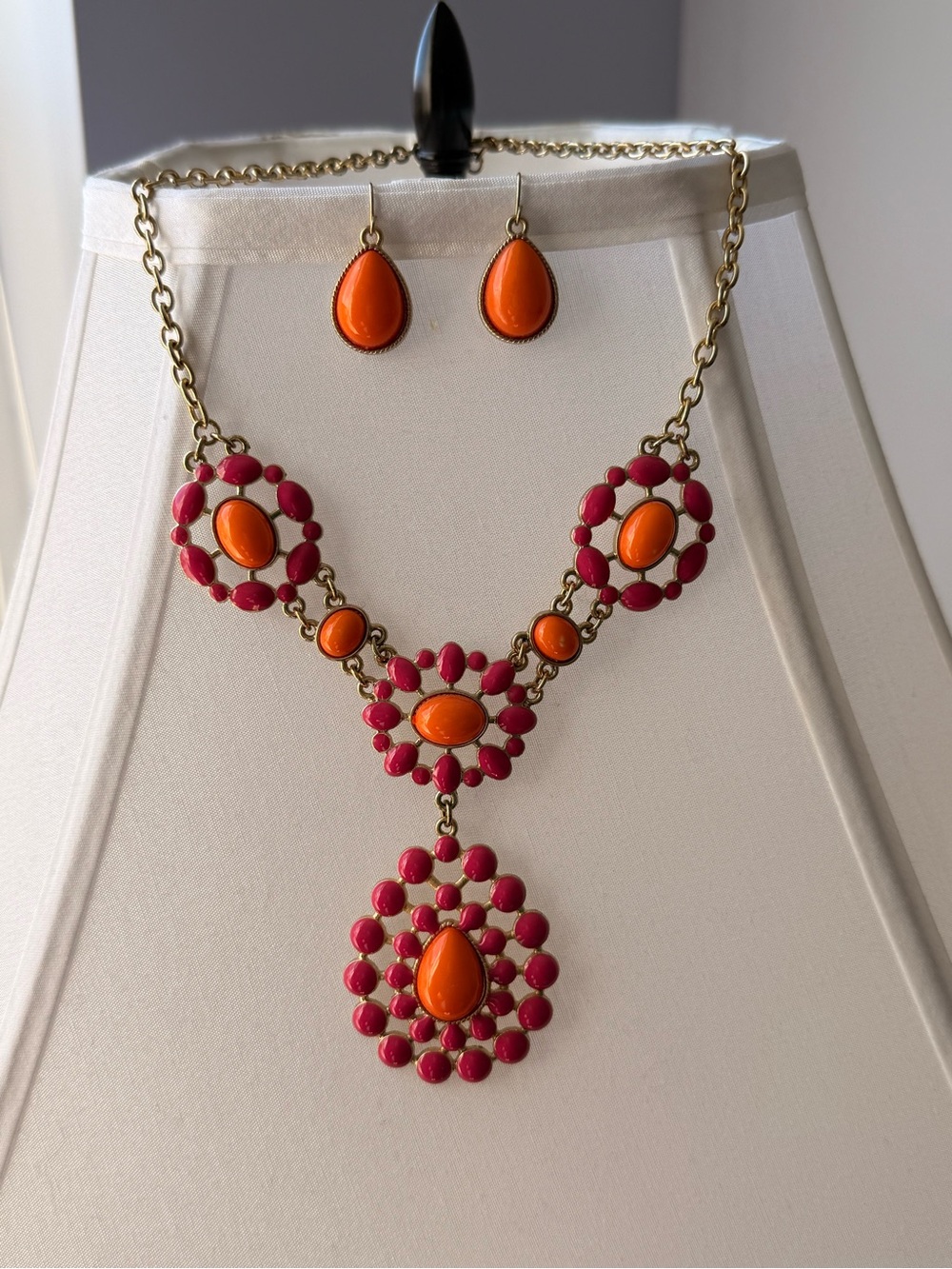 Orange and Pink Statement Necklace & Earring Set - Women Jewelry